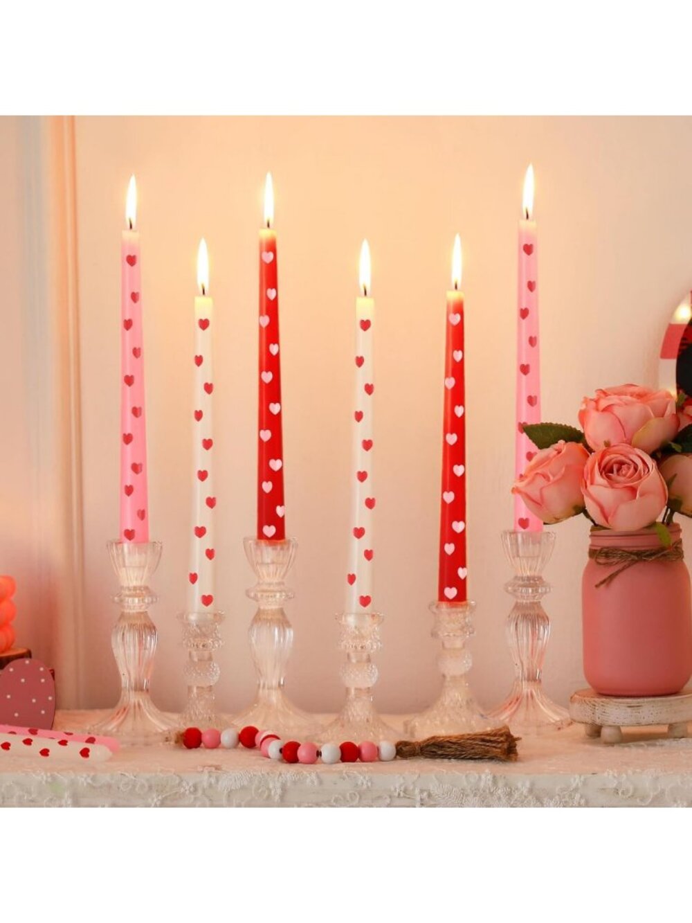 6 Pcs Heart Taper Candles - 10 Inch Pink Red White for Wedding, Baby Shower